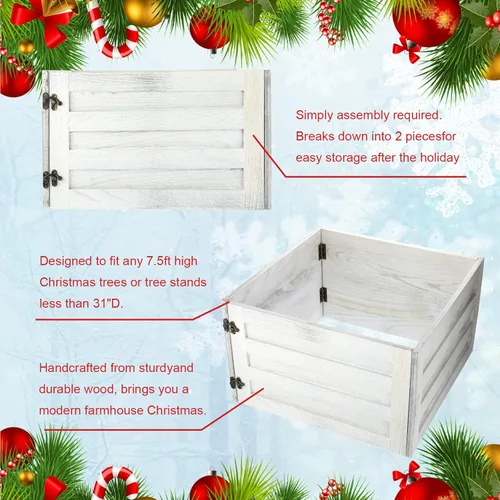 Miniatura 6 de Macarrie Caja de Madera para Cubrir la Base del Árbol de Navidad, Falda de Árbol Lavada, Caja Rústica, Falda de Granja, Faldas de Navidad para Blanco