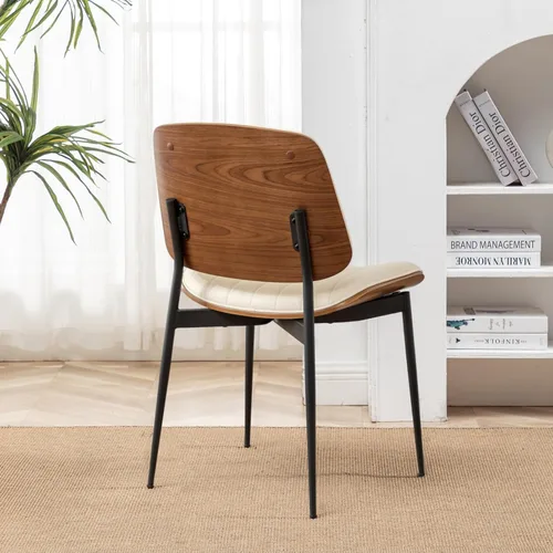 Miniatura 8 de LUNLING Sillas de comedor modernas de mediados de siglo, silla retro beige de piel sintética con asiento tapizado de madera curvada de nogal, patas