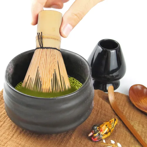 Miniatura 6 de Artcome Juego de té matcha japonés de 10 piezas, cuenco matcha, batidor, cuchara, paño, soporte de bambú, organizador de polvo, colador (negro)