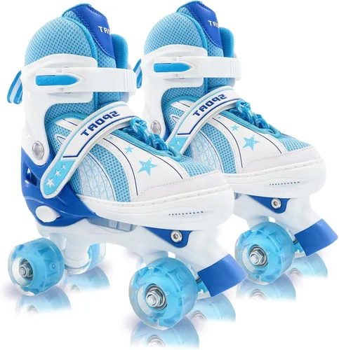 Adjustable Kids Roller Skates for Girls and Boys Ages 3-5 5-8 8-12, All 8 Wheels of Girl's Skates Shine, Safe and Fun Illuminating for Outdoor Azul