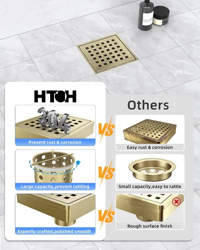 Miniatura 6 de Drenaje de ducha dorado de 4 pulgadas, moderno drenaje de ducha cuadrado de acero inoxidable 304 para baño, drenaje de suelo de ducha dorado