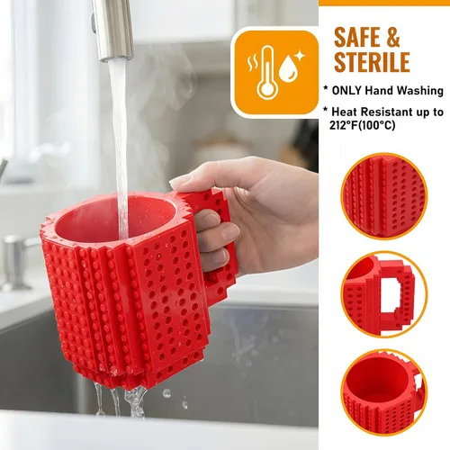Miniatura 3 de Lumsburry Taza de café de ladrillo integrada, divertida taza de bricolaje con bloques de construcción creativa para niños, hombres y mujeres, Rojo