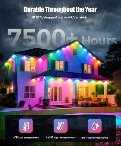Miniatura 3 de POOFZY Luces permanentes al aire libre para casa, 200 pies RGB+IC decoración inteligente al aire libre, 50 modos de escena, aplicación/control