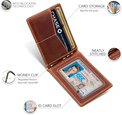 Miniatura 17 de Serman Brand RFID billetera de bloqueo Slim Bifold – cuero genuino minimalista bolsillo frontal carteras para hombres con clip para dinero, cartera