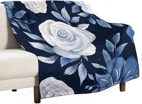 Miniatura 20 de Manta de flores de acuarela azul marino, bohemias, manta de acuarela floral con coronas de rosas y hojas de peonías, lujosa, cálida y acogedora