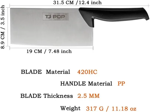 Miniatura 5 de TJ POP Cuchillo chino de carnicero de 7.5 pulgadas, cuchillo de cocina, cuchillo de carnicero de acero inoxidable 420HC, espesor de hoja de 2.5 mm