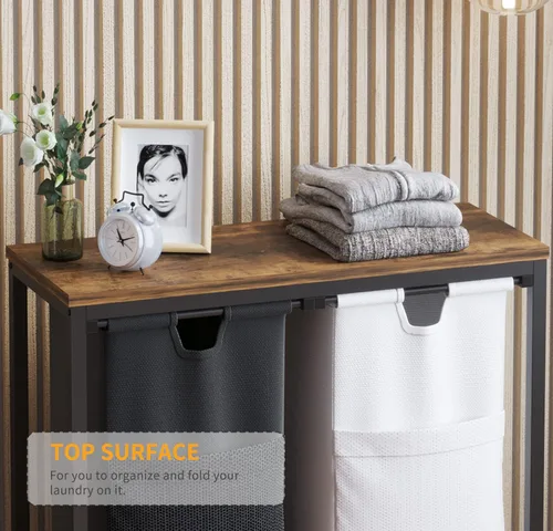 Miniatura 9 de LIVEHOM Cesta de Lavandería Doble Canasta de Ropa Sucia con Bolsas Removibles, Asas de Tela, Estante Superior Grande y Bolsa de Lavandería