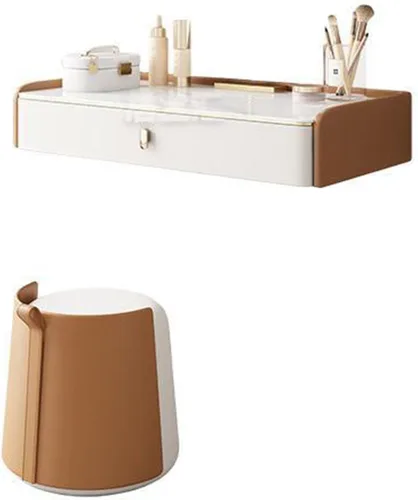 Miniatura 11 de Mesa de tocador de maquillaje montada en la pared con espejo iluminado, estante de almacenamiento de escritorio de maquillaje con cajones y taburete