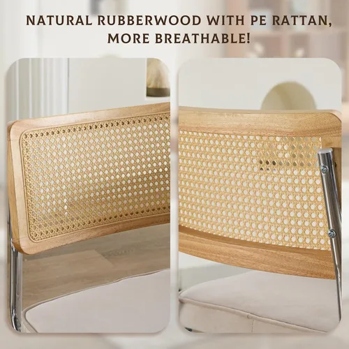 Miniatura 4 de Juego de 2 sillas de comedor de ratán, sillas de comedor modernas tapizadas de mediados de siglo con respaldo de caña, sillas de cocina de Beige