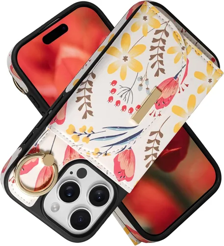 Miniatura 25 de Funda tipo cartera para iPhone 15 Pro de 6.1'', funda plegable con ranuras para tarjetas, soporte con anillo y atril, cubierta protectora tipo folio