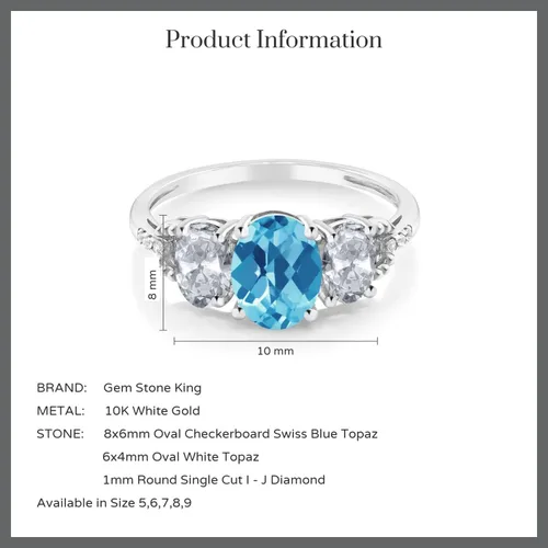 Miniatura 47 de Anillo de compromiso ovalado de oro blanco de 10 quilates con piedra natal y topacio blanco de 3 piedras con detalles de diamante Centro de 0.315