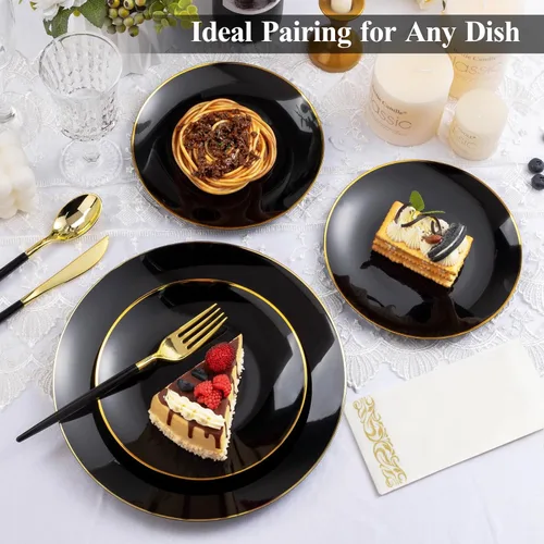 Miniatura 6 de 350 Piezas Juego de Vajilla de Plástico Negro Dorado, Platos Desechables Dorados para Fiesta, Incluye 100 Platos Negros con 150 Cubiertos