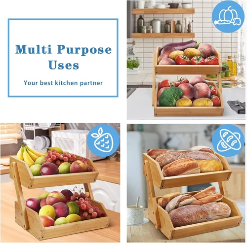 Miniatura 7 de Cesta de frutas de 2 niveles para cocina, soporte de bambú para almacenamiento de frutas y verduras para encimera de cocina, cesta de productos