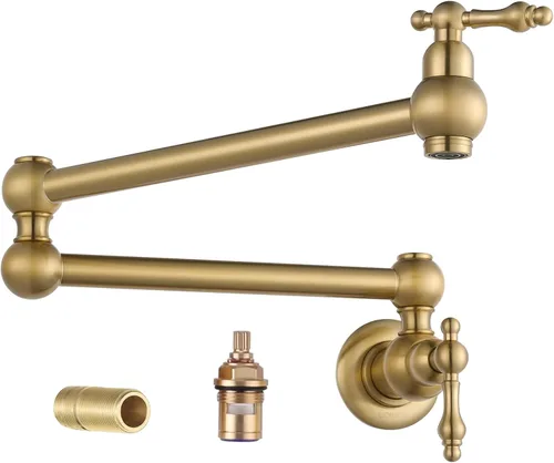 WOWOW Grifo Llenador de Ollas Dorado, Grifo Plegable de Cobre de Montaje en Pared con 2 Manijas con Brazos Oscilantes de Doble Articulación, Grifo