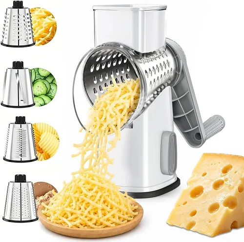 Miniatura 7 de VEKAYA Rallador de queso giratorio con manivela de mano con 4 cuchillas intercambiables de acero inoxidable, trituradora de mango manual grande