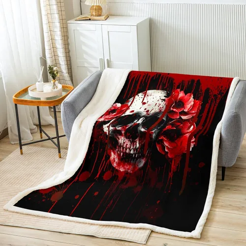 Manfei Manta de calavera floral con estampado de sangre y flores rojas, para decoración de habitación de niños y niñas, manta gótica de calavera