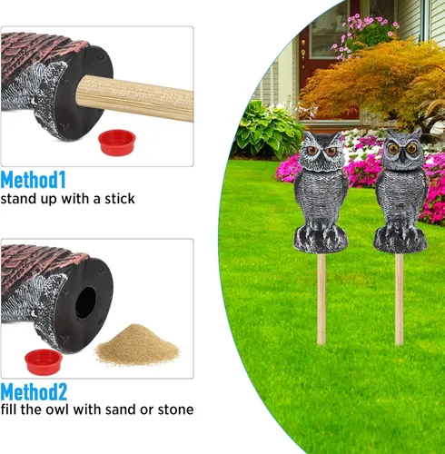 Miniatura 5 de Hedoc 2 Pack Señuelos de búho falso para ahuyentar a los pájaros, cabeza giratoria Disuasivos de aves, estatuas de plástico de espantapájaros