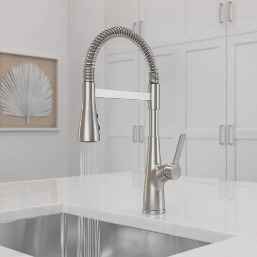 Miniatura 4 de Pfister Neera - Grifo de cocina de estilo comercial con rociador desplegable de una sola manija, acabado dorado cepillado de arco alto, 3 ajustes
