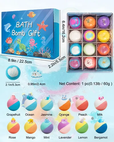 Miniatura 5 de Bombas de baño de regalo para niños a partir de 3 años, diseño de arcoíris salpicado, juego de regalo de tesoro de burbujas naturales con burbujas