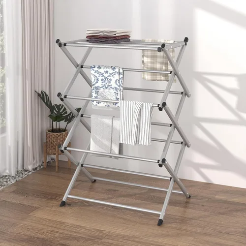 Miniatura 3 de Estante de Secado de Ropa Plegable para Interiores FKUO, para Secar y Colgar Ropa, Porta Toallas (Gris Plateado) para Almacenamiento