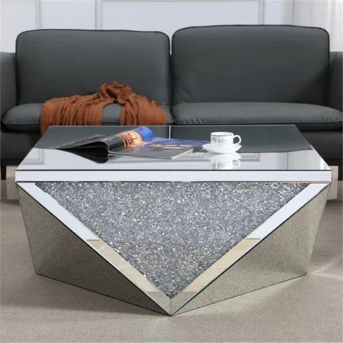 Miniatura 4 de MAKLAINE Mesa de centro poligonal cuadrada moderna, 38 pulgadas, acabado espejo de cristal plateado transparente, construcción de MDF y vidrio, mesa