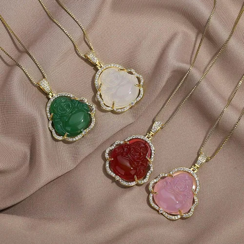 Miniatura 4 de Collar con dije de Buda de jade verde, collar deslumbrante con piedras de circonia cúbica y Buda que se ríe