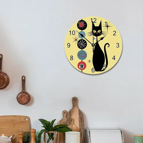 Miniatura 6 de ArogGeld Reloj de pared de gato genial, reloj de madera moderno de mediados de siglo, 10 silencioso, sin tictac, de cuarzo, funciona
