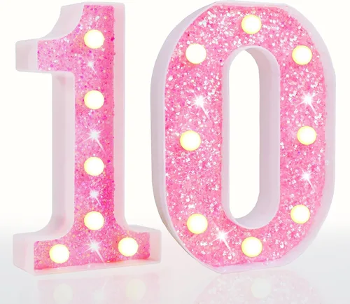 Miniatura 39 de Pooqla Luces de números de marquesina, números de luz rosa para niñas de 10.º cumpleaños, funciona con pilas, luz nocturna de número con purpurina