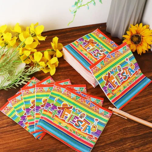 Miniatura 4 de Paquete de 100 servilletas de fiesta mexicana para fiesta del 5 de mayo, servilletas de papel desechables con temática de fiesta mexicana, banderas