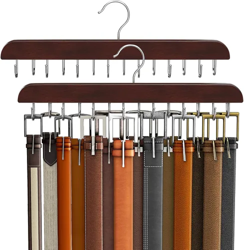 Miniatura 10 de Percha de cinturón para armario Max 42 cinturones, accesorios de armario de madera resistente con 14 ganchos, organizador de cinturón