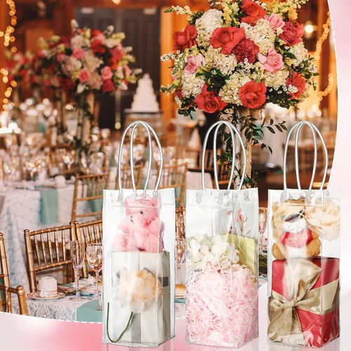 Miniatura 5 de Silkfly 30 bolsas de regalo de PVC transparente con asas de 10 x 4 x 4 pulgadas, bolsa de regalo reutilizable transparente rectangular para fiesta