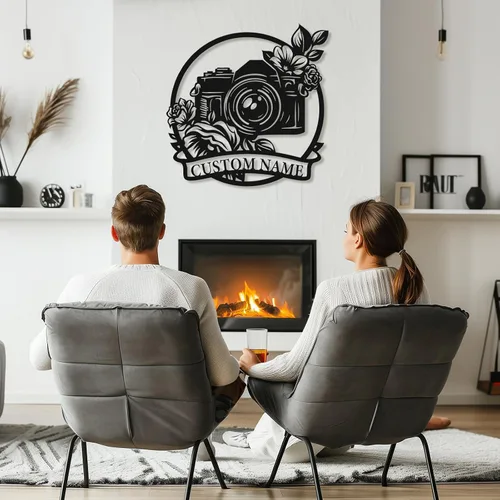 Miniatura 7 de Letrero de metal personalizado para fotógrafo, arte de pared de hierro para cámara y niña con cámara, decoración única con temática de fotografía