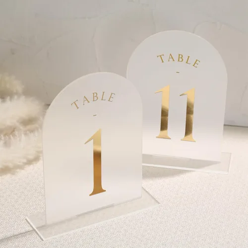 Miniatura 6 de UNIQOOO Números de mesa de arco esmerilado para boda 1-15 con soportes, lámina de oro impresa en acrílico de 5x7, signos de exhibición y soportes