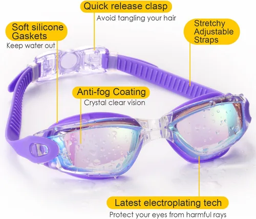 Miniatura 2 de Gafas de natación, paquete de 2 gafas de natación para adultos, hombres, mujeres, jóvenes, niños Morado/Gris (espejo).