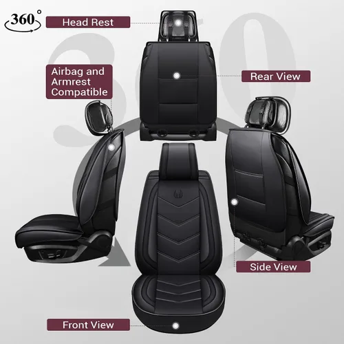 Miniatura 2 de OASIS AUTO OS-003, Fundas de cuero y tela para asientos de automóvil. Cubierta acojinada de cuero sintético para autos, SUV, camioneta Pick-up, Negro