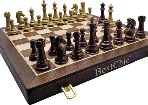 Miniatura 4 de Juego de ajedrez plegable de 18 pulgadas con piezas de ajedrez estándar de alto peso de polímero para la familia, juegos de mesa vintage, juego