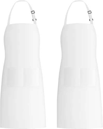 Xornis Paquete de 2 delantales con peto con 2 bolsillos, delantal de cocina para cocinar, color blanco