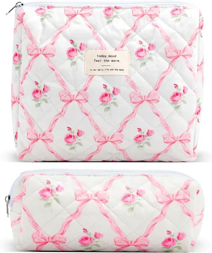 Miniatura 11 de 2 bolsas de maquillaje acolchadas de algodón para viaje, bolsa grande y pequeña para mujeres, bolsas de maquillaje de coqueta floral, bonita bolsa