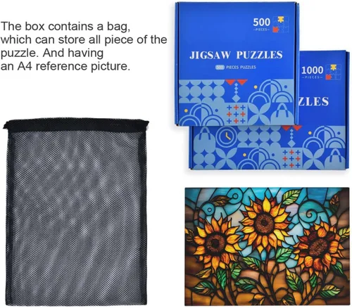 Miniatura 7 de Rompecabezas de girasol de estilo retro, material compuesto de madera de papel Zcon bolsa de almacenamiento e imagen de referencia fácil de resolver