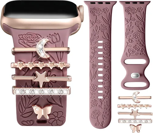 Miniatura 12 de DaQin Banda con Flor Grabada Compatible con Apple Watch, Bandas de 44mm, 42mm, 45mm, 46mm para Mujeres, Correa de Silicona Suave con Decoración
