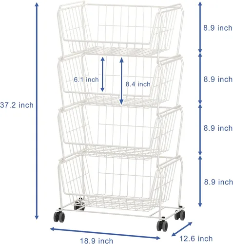Miniatura 5 de PUSDON Cestas de almacenamiento de alambre apilables grandes de 4 niveles con ruedas, organizador de carrito utilitario con ruedas y ruedas