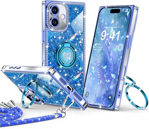Miniatura 27 de XYZ Funda para iPhone 13, con purpurina brillante con soporte de corazón de 2 anillos y cordón, funda protectora a prueba de golpes con diamantes