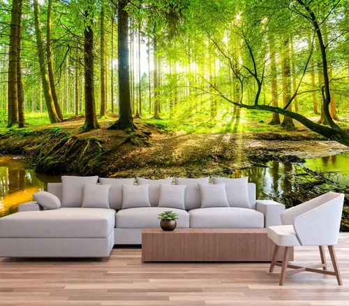 Miniatura 33 de Reyhui - Mural de pared con imagen de bosque y arroyo, papel tapiz grande con escena natural para dormitorio, sala de estar, fondo de TV, sofá