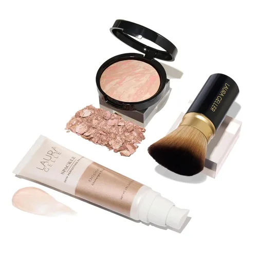 LAURA GELLER NEW YORK Kit de rutina diaria - Baked Balance-N-Brighten base en polvo correctora de color, porcelana + Kabuki retráctil con ángulo +