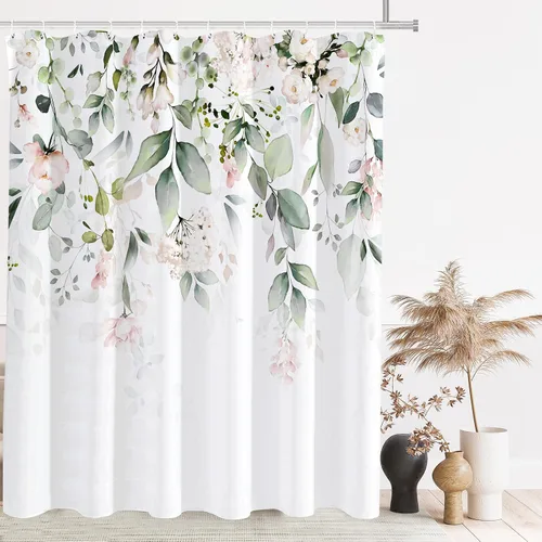 Miniatura 17 de Tititex Blomming - Cortina de ducha floral blanca brillante, hojas verdes acuarela en la parte superior, decoración de baño de planta