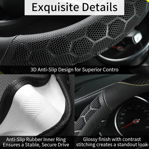 Miniatura 4 de Funda de cuero PU para volante de 14.5 a 15 pulgadas, agarre estilo fibra de carbono, antideslizante y transpirable, universal para sedán, SUV