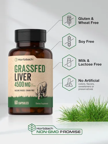 Miniatura 5 de Horbäach Hígado de res alimentado con pasto 4500 mg 60 cápsulas Desecado, criado en pasto, sin granos, suplemento sin OMG