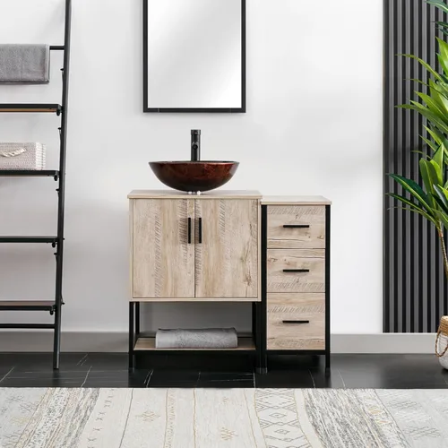 Miniatura 17 de eclife Combo de Tocador de Baño de 36" con Lavabo, Gabinete Moderno de Soporte de Metal con Estante Inferior y Gabinete Lateral de Almacenamiento