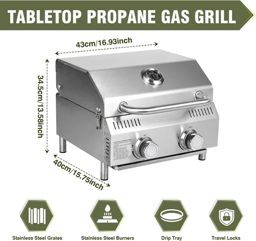 Miniatura 6 de Bestfire - Parrilla de gas propano de mesa, 2 quemadores, 20,000 BTU Parrilla de propano portátil de acero inoxidable con patas para patio al aire