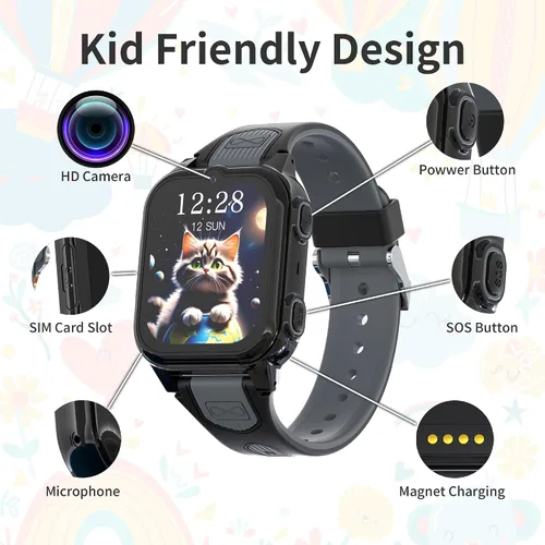 Miniatura 6 de Citfis Reloj inteligente 4G para niños con rastreador GPS, video y llamadas de voz, reloj GPS para niños de 5 a 12 años, cámara de chat SOS, Negro